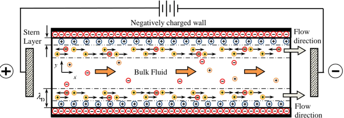 Figure 2-2: Schematic diagram of the principle of the DCEOF for a negatively charged wall  (adapted from [30-32]) for a two-dimensional straight microchannel
