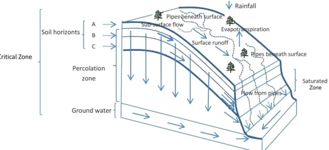 Figure 3 – Hydrological cycle in a landscape comprising the pedological, hydrological and geomorphological elements of a watershed and possible inferences on the various pathways through which water can travel to reach the saturated zone and from there to 