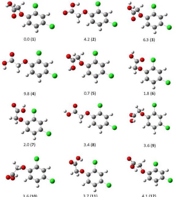Figure 2 – Conformations obtained by the Monte-Carlo search at the AM1 level (relative energies are given in kcal mol -1 outside parenthesis)