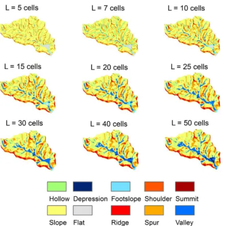 Figure 3: Geomorphons for Lavrinha Creek Watershed with different look up distances (L) (5, 7, 10, 15, 20, 25, 30,  40, and 50 cells).