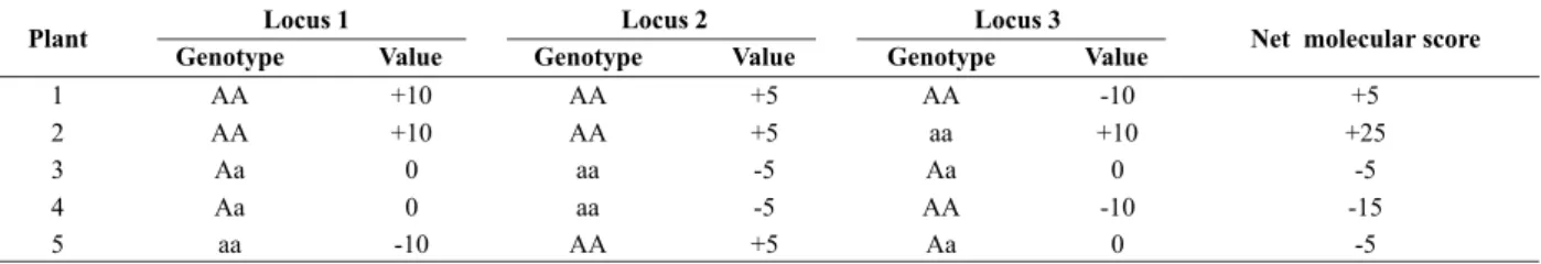 Table 2. Breeding value of each locus containing QTL, and net molecular score of plants of a breeding population, based on the genotypes of marker loci