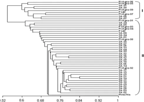 Figure 1. Dendrogram showing variation among variety Hwachia and its 34 NaN 3 -induced mutants and 11 commercial varieties introduced from China based on the calculated Jaccard coefficients using AFLP fragments obtained by eight primer pairs.