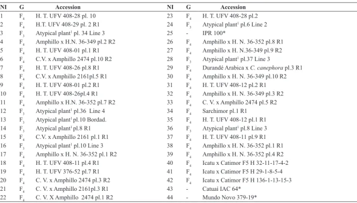 Table 1. Numerical identification (NI)  and generation (G) of progenies originating from the Coffee Active Germplasm Bank at the EPAMIG Coffee  Plant Breeding Program, and check cultivars of Coffea arabica evaluated