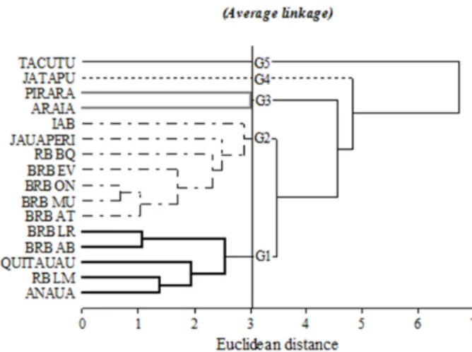 Figure 3. Dendrogram of classification of 16 camu-camu populations in  Roraima, based on physical and physical-chemical traits of the fruits  us-ing the algorithm of means Average Linkage and the Euclidean distance.