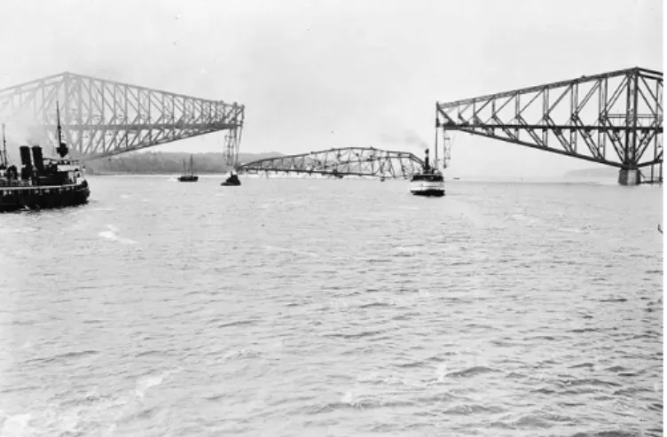 Figura 3. 4 - Vão central da ponte Quebec caindo no rio St.  Lawrence em 11 de setembro de  1916[www.maisturismo.net/.../ponte-de-quebec-4/