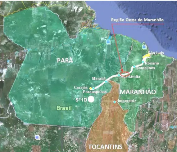 Figura 3.1 – Imagem de satélite com a localização da EFC, destacando a região de  interesse (oeste do Maranhão)