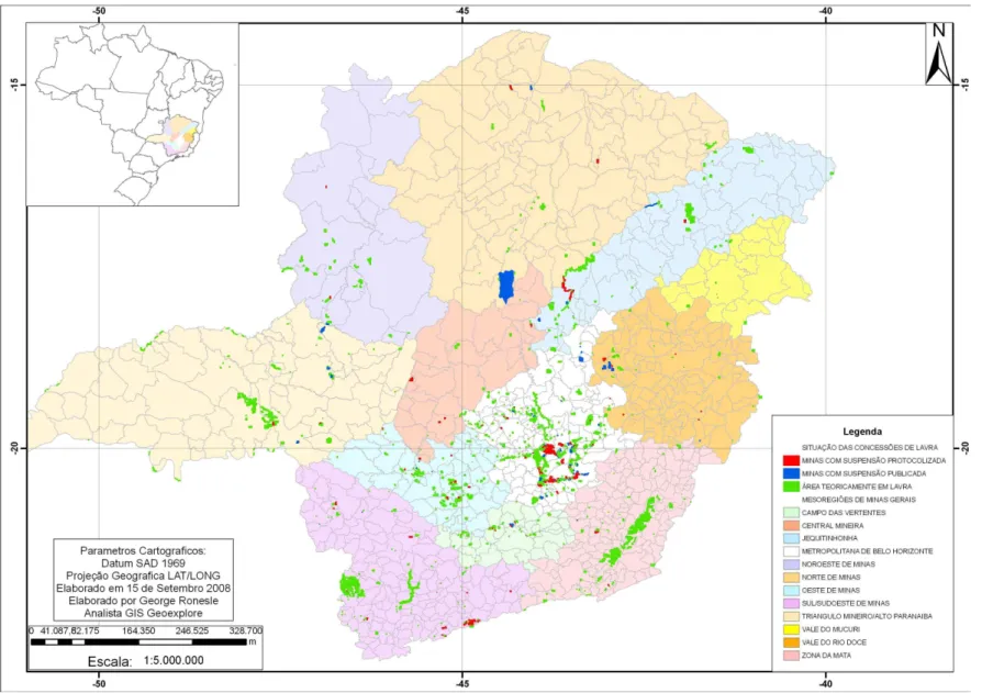 Figura  7:  Mapa  georeferenciado  de  Minas  Gerais  mostrando  a  localização  das  minas  e  a  sua  classificação  quanto  à  situação  operacional.