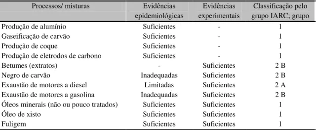 Tabela 3.1: Evidências de carcinogenicidade e/ou mutagenicidade de alguns processos  industriais e misturas complexas 