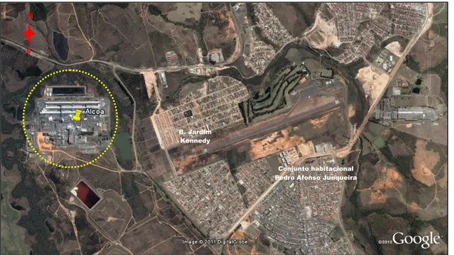 Figura 4.4: Localização da planta industrial da Alcoa e áreas urbanas próximas      Fonte: Adaptado de Google Earth (2011)  