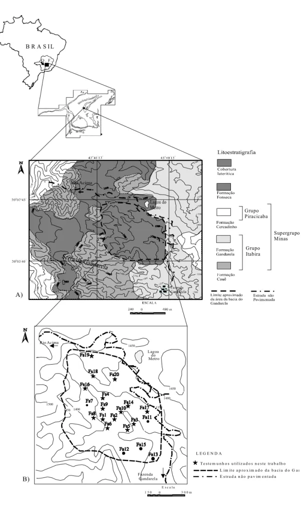 Figura 2 - A) Mapa de geológico e de localização da bacia sedimentar do Gandarela (modificado de