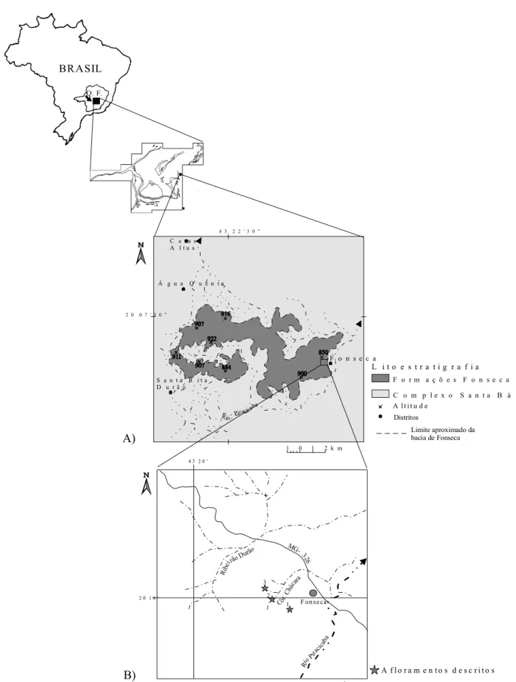 Figura 3 - A) Mapa geológico e de localização da bacia sedimentar de Fonseca (modificado de Maxwell 1972);