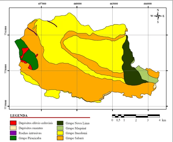 Figura 2.3 - Mapa geológico do Parque Estadual do Itacolomi. Modificado do Plano de Manejo do PEIT  (não publicado)