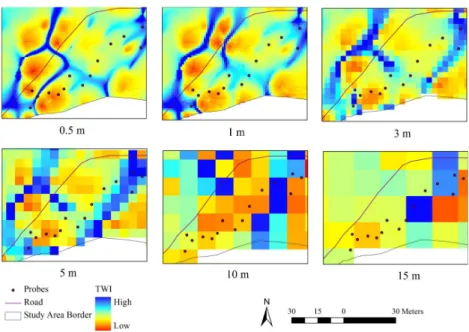 Figure 6 – TWI maps obtained from different resolution DEMs.