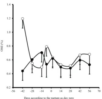 Figure 3: Mitotic index of the basal layer of the omasum  epithelium (OMI) of dairy cows fed a diet containing high  (○) or low (●) grain content pre-partum