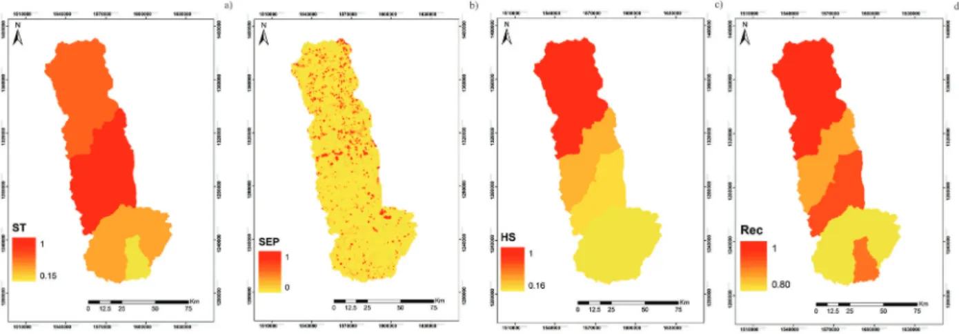 Figure 2 – Raster maps normalized for factors considered in structuring an HSDI for Paraopeba river watershed.