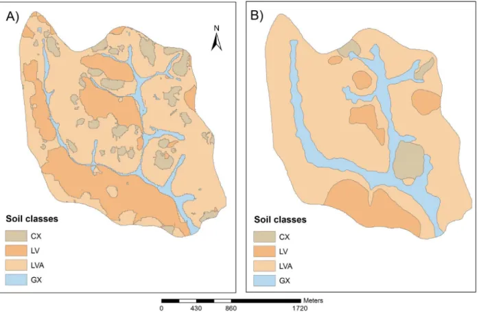 Figure 5: A) Map generated by the decision tree obtaining information from buffers of 25 m radius from the  sampled points, and B) detailed conventional soil survey map digitized (Adapted from Motta et al., 2001) for  Marcela creek watershed (MCW).