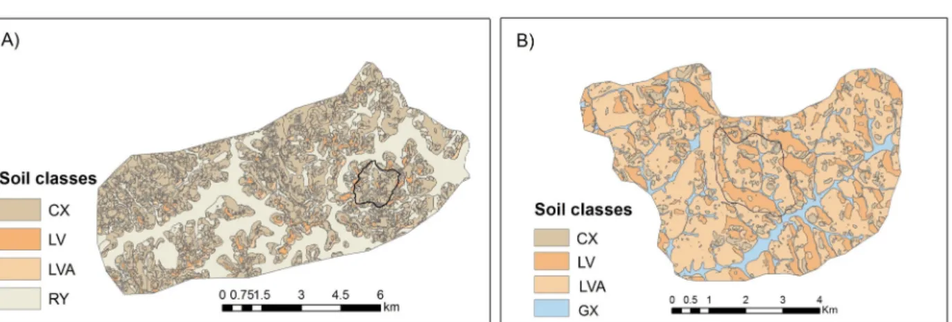 Figure 6: Comparison of soil maps of areas surrounding  Vista Bela creek (VCW) (A) and Marcela creek (MCW) (B)  watersheds generated from decision trees.