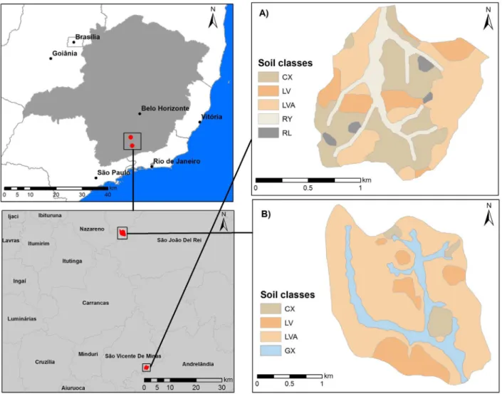 Figure 1: Soil maps and location of the Vista Bela creek (A) (Adapted from Menezes et al., 2009) and Marcela creek  (B) (Adapted from Motta et al., 2001) watersheds, in the state of Minas Gerais