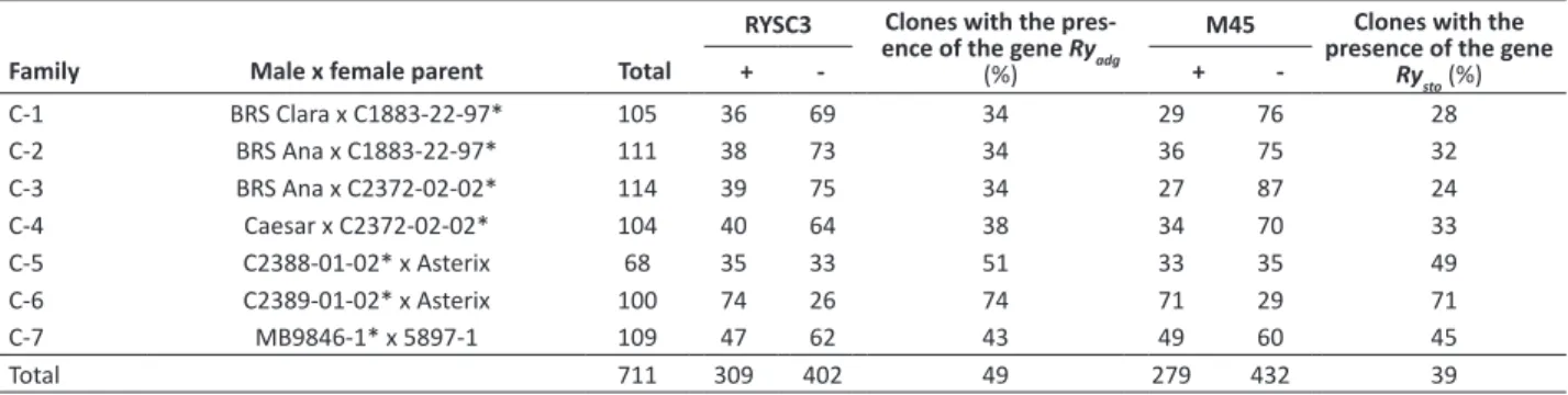 Table 2. Significance values of the χ2 test for the genetic constitutions nuliplex (ryryryry), simplex (Ryryryry), duplex (RyRyryry), triplex  (RyRyRyry), and quadruplex (RyRyRyRy) in the evaluation of seven potato clonal families for the Ry adg  allele