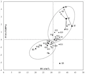 Figure 1 shows the biplot graph resulting from the  AMMI1 method, in which the abscissa represents the mean  of genotypes and environments, and the ordinate represents  the first principal component axis (PCA1)