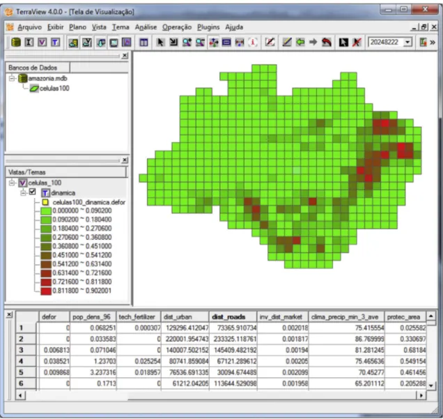 Fig. 6. Brazilian Amazonia database. The attribute percentage of deforestation is used to color the map, with green representing the cells with forest and red the percentage of deforestation