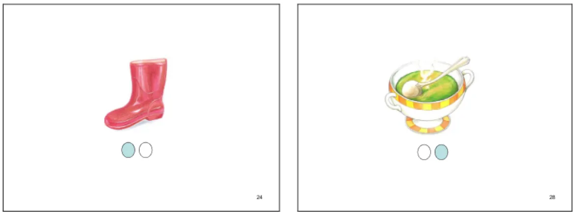 Figura 5 - Diapositivos das provas-treino utilizados na tarefa Consciência silábica, na prova de  Identificação de sílabas (inicial e final)