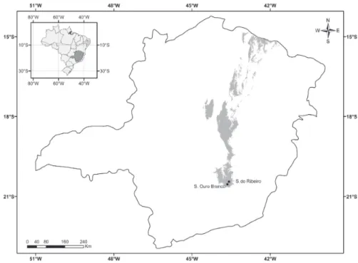 Figure 1 – Localization of the study areas in the southern Espinhaço Range, Minas Gerais, Brazil.