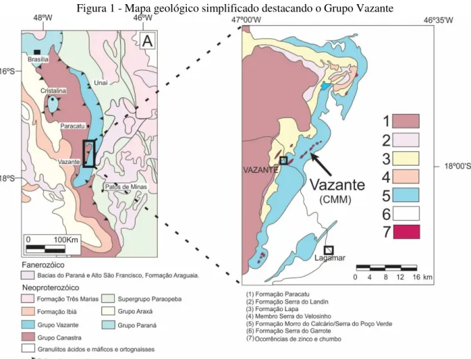 Figura 1 - Mapa geológico simplificado destacando o Grupo Vazante 