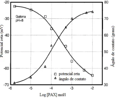 Figura 13 - Potencial zeta e ângulo de contato das partículas de galena em função da concentração do  PAX em pH 8 