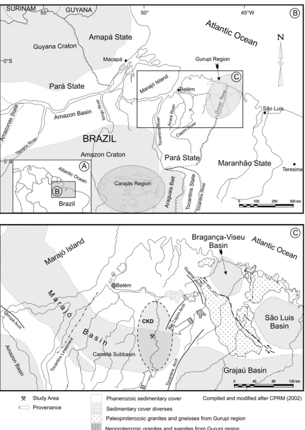 Fig. 1. Location map of the study area. The arrows indicate the possible zircon provenance areas in the CKD, based on the age of the adjacent bodies