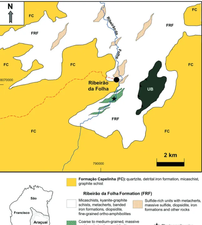 Figure 1. Sketch geological map of the Ribeirão da Folha area (modiﬁed from Pedrosa-Soares et al