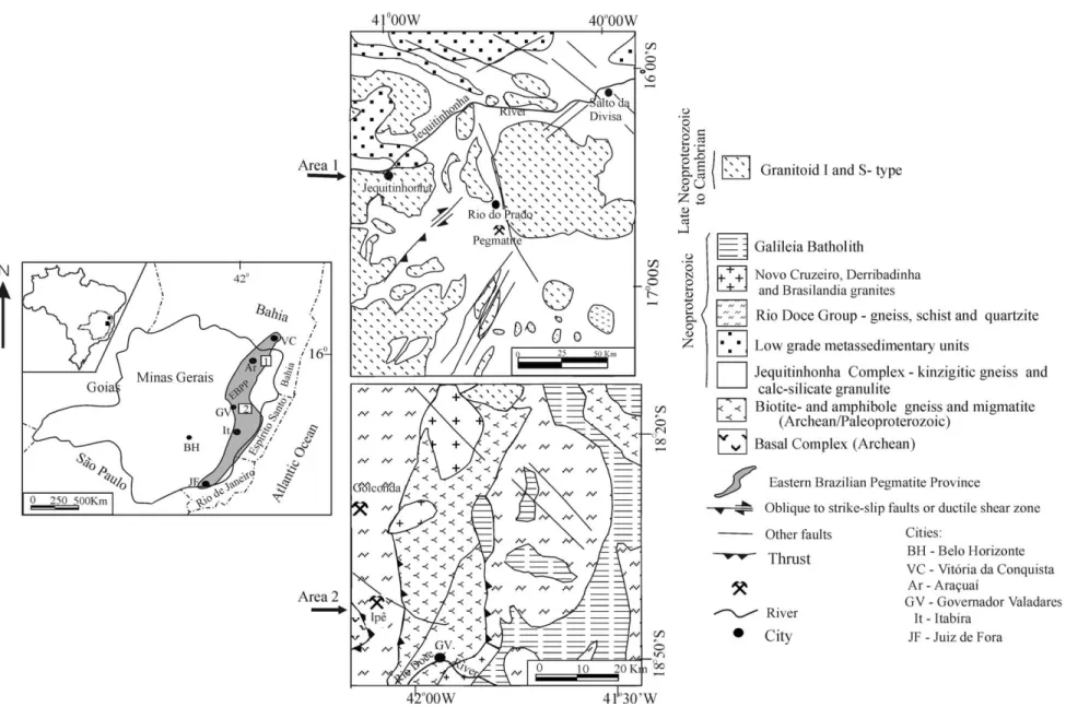 Fig. 1. Outline of the eastern Brazilian pegmatite province (EBPP) with location of the dated pegmatites in Areas 1 and 2