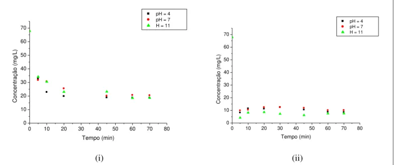 Figura 4.12 - Concentração de corante Vermelho BSB versus tempo de agitação  utilizando 0,1g (i) e 0,5g (ii)  de carvão ativado