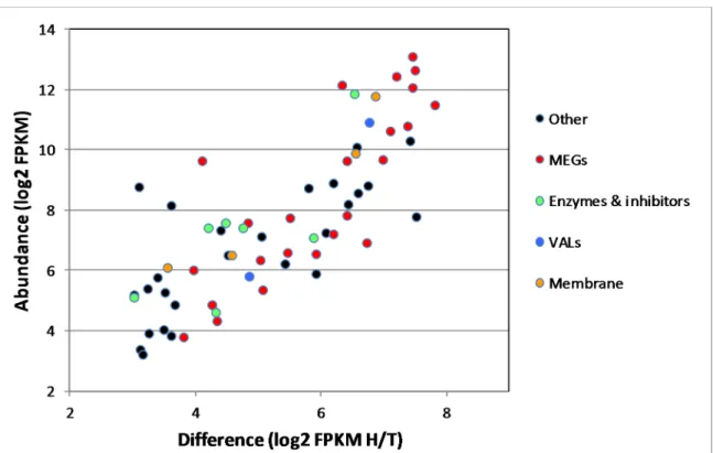 Fig 2. Putative functions of head-enriched genes. Differentially expressed head genes in the box in Fig 1, classified by category.