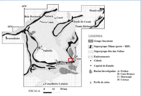 Figura 1.3: Mapa geológico do Quadrilátero Ferrífero, destacando-se em vermelho a área estudada