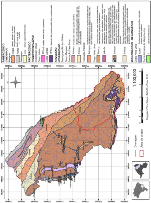 Figura 1.5: Mapa geológico da área da APA/CA, na porção superior do alto Rio das Velhas (LOBATO  et
