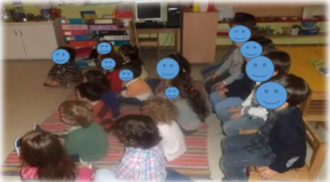 Figura 3: As crianças sentadas na manta, prontas para assistirem à  dramatização da história 