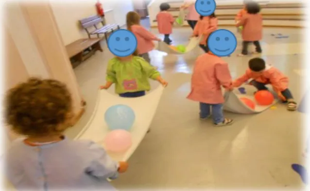 Figura 10: As crianças com dois balões em cima do tecido 