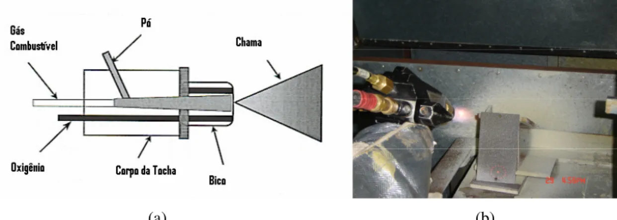 FIGURA 4.3 – Canhão e tocha para aspersão térmica: (a) seção transversal esquemática;  