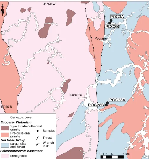 Figure 2. Simpli ﬁ ed geological map of the study area with sample locations (modi ﬁ ed from Tuller, 2000).