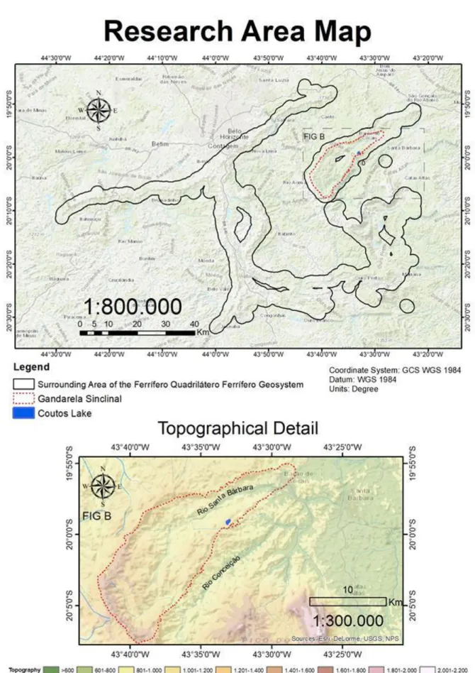 Figura 2.2 - Mapa de localização da área de estudo, mostrando a Lagoa dos Coutos-MG inserida no Sinclinal  Gandarela
