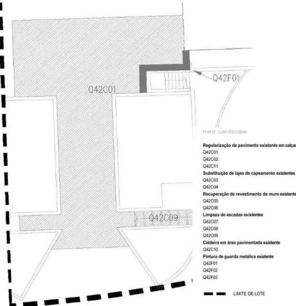 Fig. 14. Extrato de planta, lote Q42, onde é  possível observar as várias ocorrências  devidamente assinaladas – realizado à escala  1/200 (imagem apresentada sem escala)