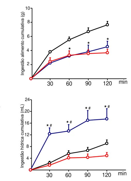 Figura 13: Ingestão cumulativa de alimento (g) e água (mL) após injeção icv de  ANG  II  e  ANG  1-7  400  ng/l  ou  salina  (1  l)  em  ratos  24  h  privados  de  alimento