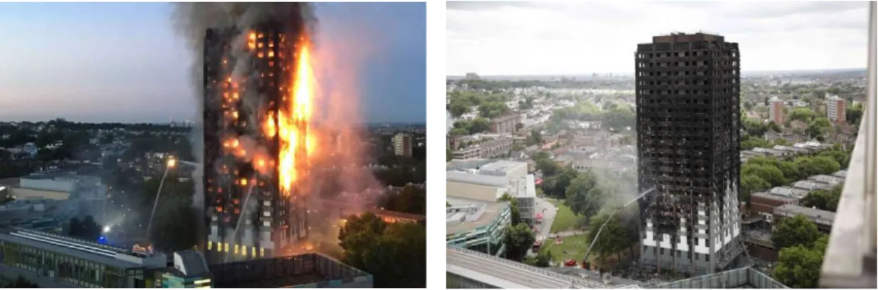 Figura 1.8  Grenfell Tower durante e após incêndio em Londres - Fonte: www1.folha.uol.com.br e  jcrs.uol.com.br 