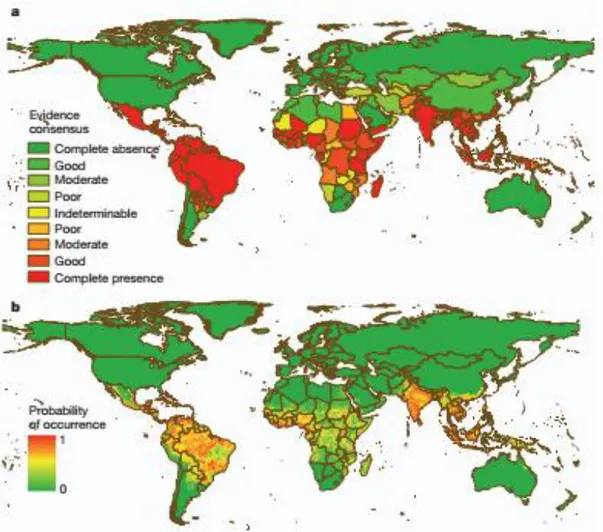 Figura 1: Consenso  de  evidência  e  risco  de  ocorrência  global  da  dengue  em  2010