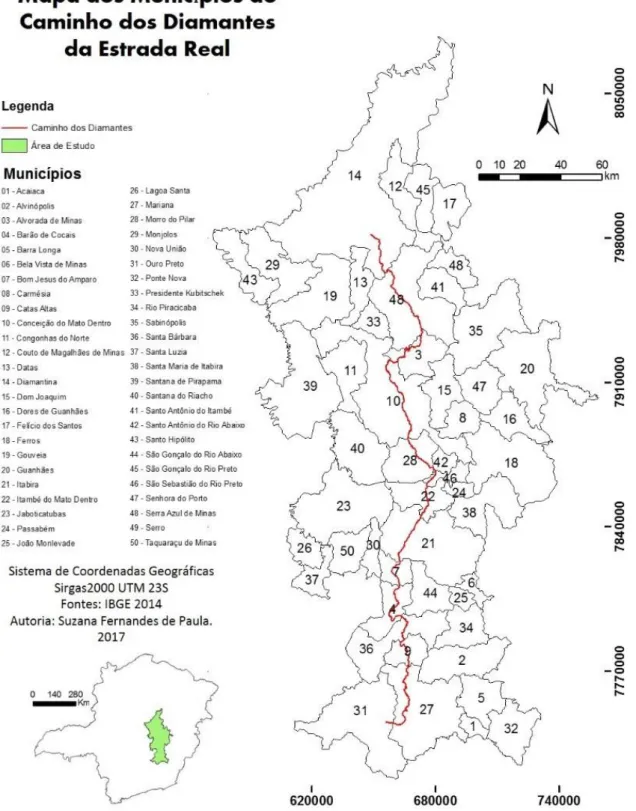 Figura 1 – Mapa dos Municípios do Caminho dos Diamantes, Estrada Real (MG). Fonte: PAULA, 2017
