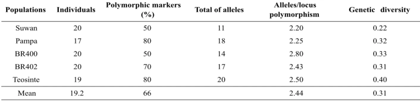 Table 2. Genetic variability within populations Suwan, Pampa, BR400, BR402 and teosinte using 10 primers of microsatellites