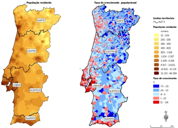 Figura 18 – População residente e taxa de variação da população em Portugal, em 2011 