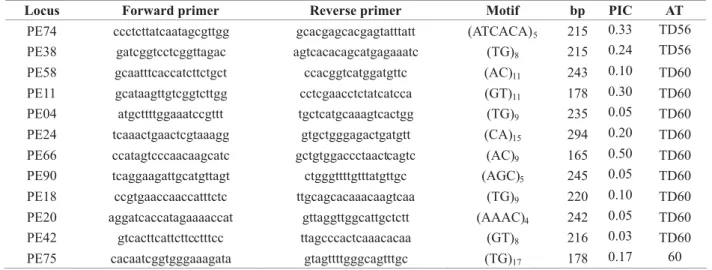Table 1.  Microsatellite loci, primer sequence, motif, expected allele size (bp), polymorphic information content (PIC) and annealing temperature (AT) of the primers
