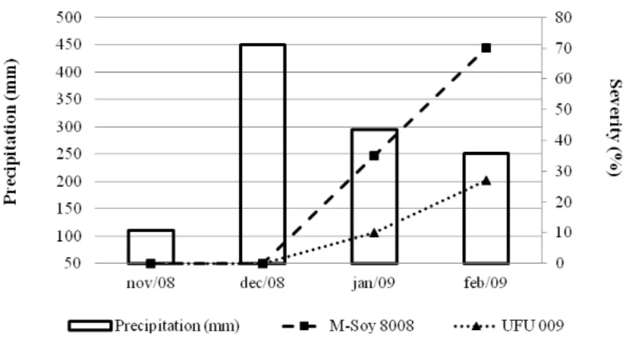Figure 1. Severity of soybean rust and average monthly rainfall for the period November 2008 to February 2009 for the region of Uberaba, MG.